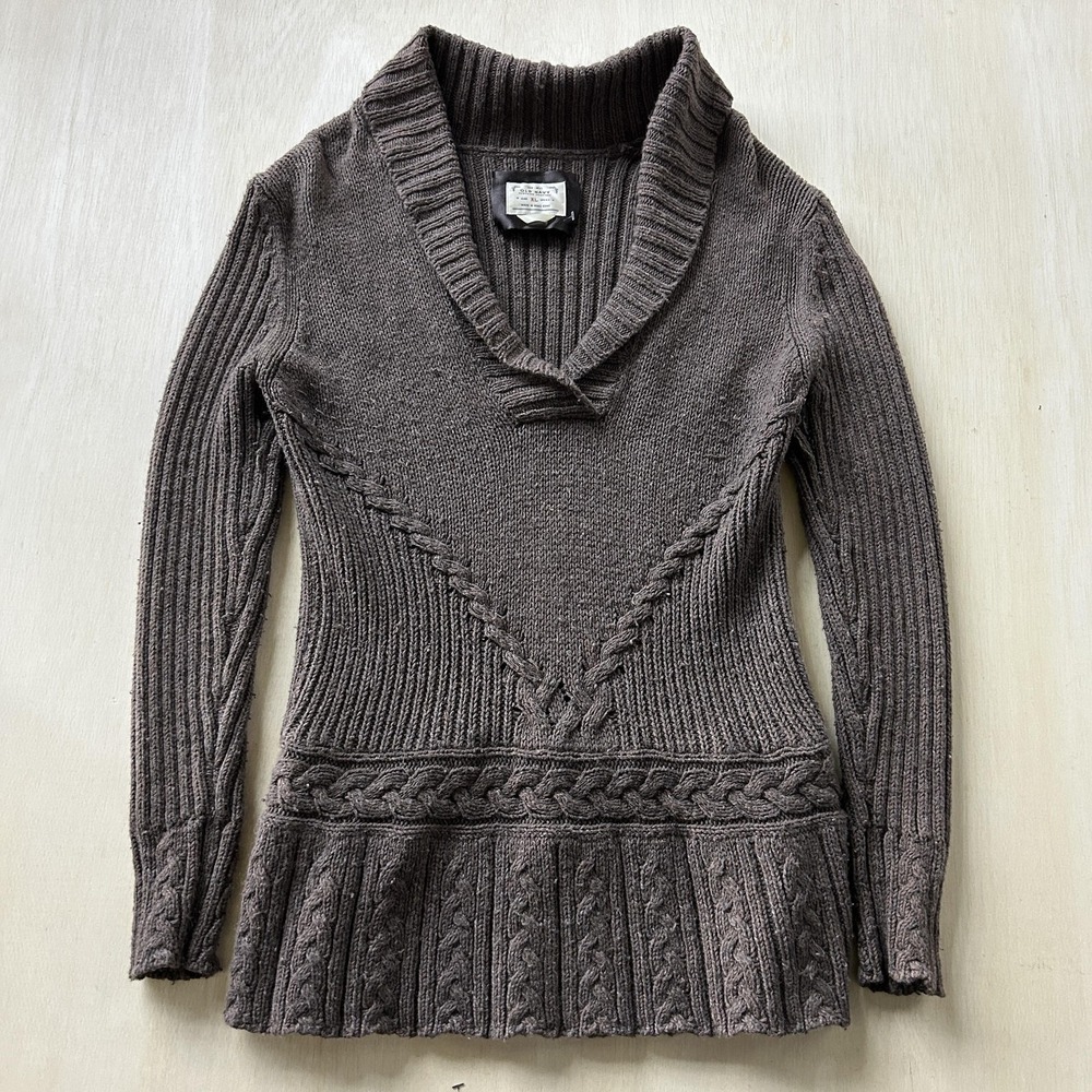 Vintage Old Navy Sweater Womens XL Brown Cable Knit Tunic Shawl Collar Hong Kong